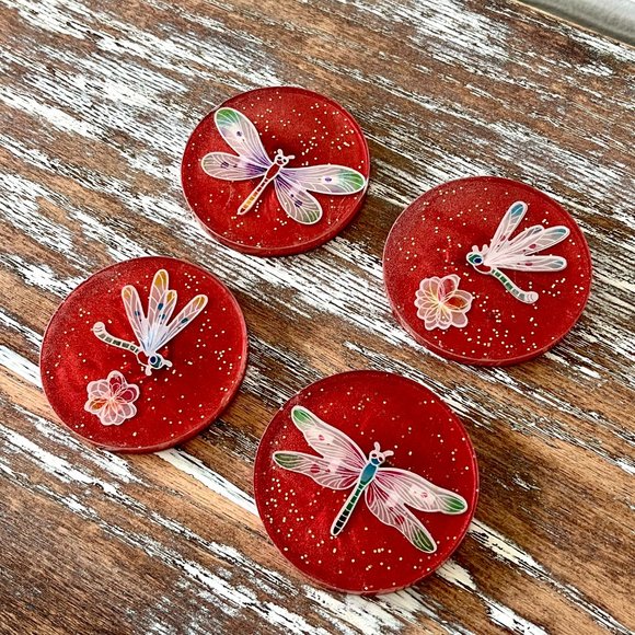 Dragonfly Glitter Resin Drink Coasters Set of 4 House Housewarming Gift Table - Picture 2 of 7